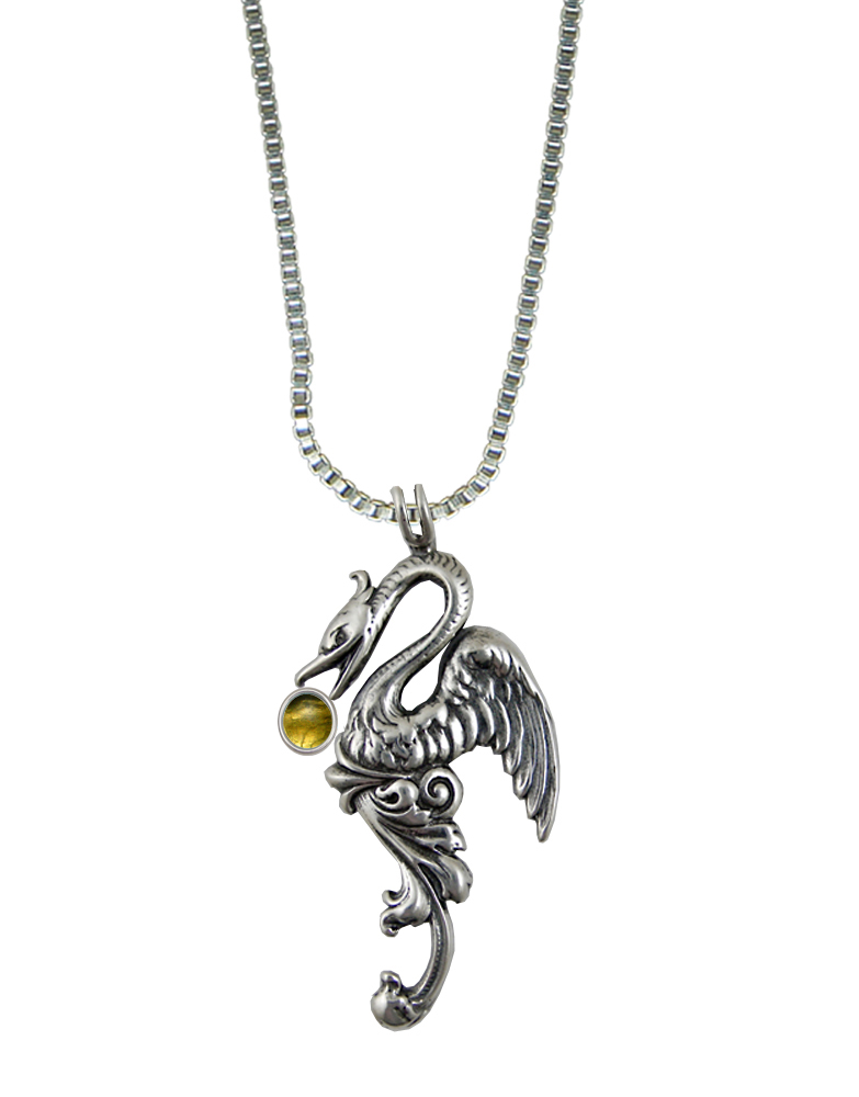 Sterling Silver Medieval Phoenix Sun Bird Pendant With Citrine